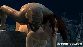 Göğüsleriyle Baş Döndüren 3d Çizgi Film Güzeli, Azgın Bir Zombi Tarafından Efsane Bir Şekilde Beceriliyor.